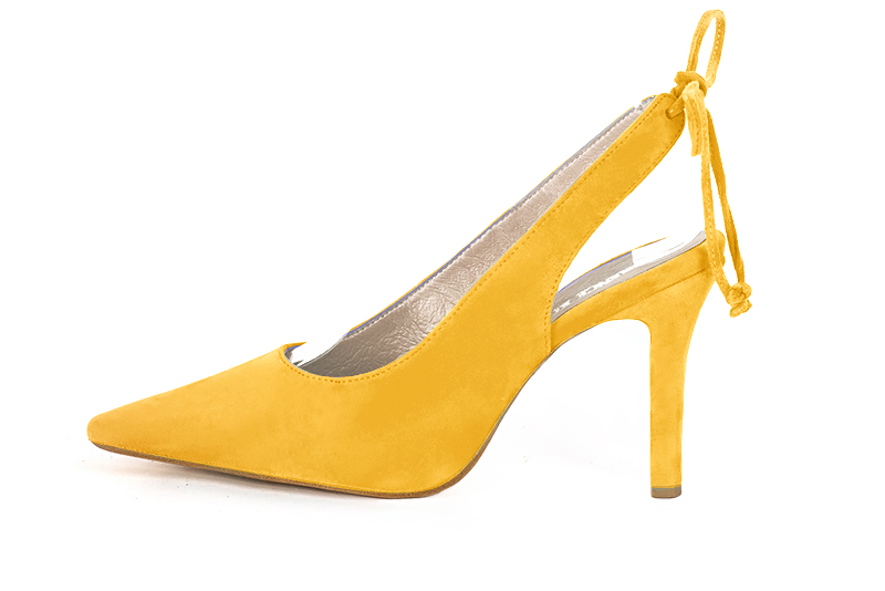 Yellow women's slingback shoes. Pointed toe. High slim heel. Profile view - Florence KOOIJMAN